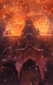 Rule 34 | 2others, black coat, building, cathedral, church, coat, from behind, hat, holding, holding knife, knife, looking at another, multiple others, original, outdoors, plaque, signature, snowing, standing, sunset, window, zandra