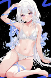 Rule 34 | 1girl, arm ribbon, arm up, armpits, bare arms, bare legs, bare shoulders, barefoot, black background, blue flower, blue ribbon, bra, breasts, collarbone, flower, highres, lace, lace-trimmed bra, lace trim, long hair, looking at viewer, low twintails, medium breasts, motsunuki, navel, open mouth, original, panties, red eyes, ribbon, simple background, smile, solo, stomach, thighs, twintails, underwear, very long hair, white bra, white hair, white panties