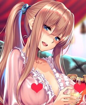 Rule 34 | 1girl, babydoll, blonde hair, blue eyes, blurry, blurry background, blush, breasts, censored, censored nipples, character request, commentary request, copyright request, couch, cropped, cup, drinking glass, eyes visible through hair, frills, hair between eyes, heart, heart censor, high ponytail, holding, holding cup, large breasts, long hair, long sidelocks, looking at viewer, open mouth, pink babydoll, piromizu, ponytail, see-through babydoll, see-through clothes, sidelocks, smile, solo, teeth, upper teeth only, white babydoll, wine glass