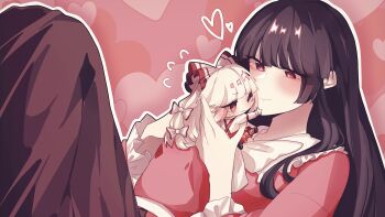 2girls ;| absurdres black_hair blush bow bowtie brown_skirt chibi commentary contrast_collar flying_sweatdrops frilled_sailor_collar frills fujiwara_no_mokou hair_bow heart heart_background highres houraisan_kaguya knees long_hair looking_at_another multiple_girls one_eye_closed outline pants pushing_away red_pants sailor_collar size_difference skirt smile somei_ooo straight_hair suspender_pants sweatdrop touhou white_bow white_bowtie white_hair white_outline white_sailor_collar yuri