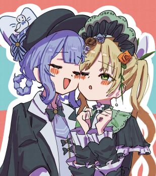 2girls :d black_capelet black_hat blonde_hair blue_hair braid braided_hair_rings capelet cheek-to-cheek closed_eyes commentary_request deerstalker flower green_eyes hair_rings hands_up hat heads_together highres long_hair long_sleeves mahou_shoujo_no_majo_saiban multiple_girls nexdcw7fj015977 one_eye_closed open_mouth orange_flower orange_rose outline rose short_hair smile tachibana_sherry tono_hanna twintails upper_body white_outline