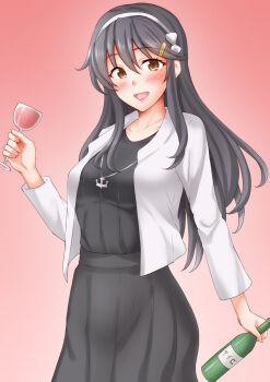 1girl alcohol anti_(untea9) black_hair black_shirt blush bottle breasts brown_eyes casual commentary_request cup drinking_glass gradient_background grey_skirt hair_ornament hairband hairclip haruna_(kancolle) haruna_(mitsukoshi)_(kancolle) highres holding holding_bottle jacket jewelry kantai_collection long_hair long_skirt long_sleeves looking_at_viewer necklace official_alternate_costume open_mouth pink_background red_wine shirt skirt smile solo white_hairband white_jacket wine wine_bottle wine_glass