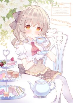 1girl ahoge ascot black_bow blush bow brown_hair brown_skirt cake cake_slice chair closed_mouth collared_shirt commentary commission cup feet_out_of_frame food frilled_skirt frills gloves hair_bow highres holding holding_cup holding_saucer long_hair looking_at_viewer macaron moeno_uni original pantyhose plaid_clothes plaid_skirt red_ascot sandwich saucer shirt short_sleeves simple_background sitting skeb_commission skirt smile solo teacup tiered_tray watermark white_background white_gloves white_pantyhose white_shirt yellow_eyes