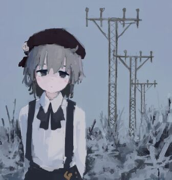 Rule 34 | 1girl, arms behind back, beret, black bow, black bowtie, black hat, black skirt, bow, bowtie, closed mouth, collared shirt, expressionless, grey eyes, grey hair, grey sky, hair rings, hat, hatoba tsugu, highres, looking at viewer, nyaausea, outdoors, shirt, short hair, skirt, sky, solo, suspender skirt, suspenders, transmission tower, tsugu (vtuber), upper body, virtual youtuber, white shirt