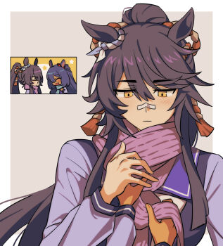 2girls animal_ears bandaid bandaid_on_face bandaid_on_nose black_hair blush bow bowtie breasts closed_eyes closed_mouth dark-skinned_female dark_skin ear_ornament ear_scrunchie fang hair_between_eyes hair_ornament highres hishi_amazon_(umamusume) horse_ears horse_girl hwipa_(param_blue) long_hair long_sleeves multiple_girls narita_brian_(umamusume) open_mouth pink_scarf ponytail purple_sailor_collar purple_serafuku purple_shirt red_scrunchie rope sailor_collar sailor_shirt scarf scarf_tying school_uniform scrunchie serafuku shimenawa shirt smile star_(symbol) tracen_school_uniform umamusume upper_body very_long_hair white_bow white_bowtie yellow_eyes