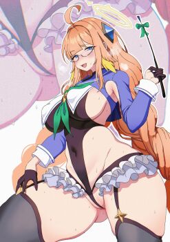 1girl absurdres ariso_kaoru black_gloves black_leotard blue_archive blue_shrug braid braided_twintails breasts frontal_wedgie glasses gloves half_gloves halo highres holding holding_riding_crop large_breasts leotard long_hair orange_hair riding_crop self_wedgie shimiko_(blue_archive) shimiko_(magical)_(blue_archive) shrug_(clothing) super_highleg twin_braids wedgie