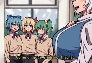 4girls alternate_costume andycookiez black_skirt blonde_hair blue_bow blue_hair blush bow bowtie breast_envy breast_focus breasts cirno commentary contemporary daiyousei english_commentary english_text eyes_out_of_frame green_hair grey_hair hair_bow hair_ribbon head_out_of_frame highres huge_breasts indoors letty_whiterock long_sleeves looking_at_another multiple_girls no_wings red_bow red_bowtie red_ribbon ribbon rumia school_uniform shirt side_ponytail skirt small_breasts smile subtitled sweater touhou white_shirt yellow_bow yellow_sweater