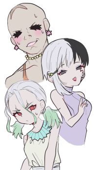 Rule 34 | 3boys, :/, :d, alternate breast size (larger), asagiri gen, bald, bare arms, bare shoulders, black hair, breast padding, breasts, closed mouth, colored eyelashes, commentary request, cracked skin, cropped torso, cross scar, crossdressing, crossdressing (mtf), curtained hair, dr. stone, dress, earrings, eyeshadow, flat color, flower earrings, grey eyes, hair ornament, hand up, highres, ishigami senkuu, jewelry, lipstick, low twintails, makeup, male focus, male with breasts, mascara, medium breasts, medium hair, multicolored hair, multiple boys, necklace, nekomimi hotate, nervous smile, no pupils, nose, official alternate costume, open mouth, orange dress, pearl necklace, pink lips, purple eyeshadow, purple shirt, red eyes, rouge (makeup), sash, scar, scar on head, shirt, short hair, short twintails, simple background, single sidelock, sleeveless, sleeveless shirt, sleeveless turtleneck, small sweatdrop, smile, smiley face, soyuz (dr. stone), split-color hair, teeth, trap, turtleneck, turtleneck shirt, twintails, two-tone hair, upper body, white background, white hair, white sash, yellow dress