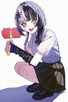 1girl absurdres black_arm_warmers black_hair black_nails black_shoes black_skirt collared_shirt grey_hair highres hololive hololive_english multicolored_hair open_mouth school_uniform shadow shiori_novella shirt shirt_tucked_in shoes skirt solo split-color_hair squatting striped_arm_warmers teeth toy_hammer two-tone_hair u-stadt virtual_youtuber white_background white_shirt yellow_eyes