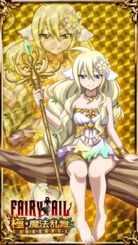 1girl absurdres alternate_hairstyle antenna_hair arm_at_side armor armored_dress artist_request bare_shoulders barefoot belt belted_dress blonde_hair bracelet braid braided_ponytail closed_mouth collarbone dress eyelashes facing_viewer fairy_tail feet feet_together female_focus fingernails flat_chest flower flower_on_head full_body gold_belt gold_bracelet gold_necklace gradient_clothes gradient_dress green_eyes hair_between_eyes hair_ornament half-closed_eyes highres holding holding_staff jewelry legs long_hair looking_at_viewer mavis_vermilion minidress multicolored_dress nature neck necklace official_art outstretched_arm pale_skin seductive_smile shiny_clothes shiny_skin sidelocks sitting sitting_on_branch smile staff staff_(weapon) strapless strapless_dress thighlet thighs toenails toes trading_card tree very_long_hair wavy_hair