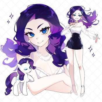 1girl black_skirt blue_eyes blue_eyeshadow breasts cio_(ciosui) cleavage closed_mouth crossed_arms eyeshadow high_heels highres jewelry long_hair long_sleeves looking_at_viewer makeup medium_breasts my_little_pony my_little_pony:_friendship_is_magic necklace one_eye_closed parted_lips personification purple_hair rarity_(my_little_pony) shoes skirt smile solo white_shoes