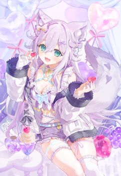 1girl absurdres animal_ear_piercing animal_ears bow bow-shaped_hair breasts cherry cleavage commission crop_top food fruit green_eyes hair_between_eyes hair_bow heart heart-shaped_food highres hyena_ears hyena_girl hyena_tail ice_cream indie_virtual_youtuber jacket long_hair long_sleeves medium_breasts navel off_shoulder otsubu_gummyena_(vtuber) purple_bow purple_hair purple_shorts roena shorts single_thighhigh skeb_commission solo striped_clothes sundae thigh_strap thighhighs torn_clothes torn_thighhighs virtual_youtuber white_jacket wide_sleeves