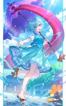 1girl :p aqua_eyes aqua_hair aqua_skirt aqua_vest blue_sky cloud commentary commentary_request commission day flower full_body geta heterochromia highres holding holding_umbrella lazuri7 lens_flare looking_at_viewer outdoors outstretched_arm puddle puffy_short_sleeves puffy_sleeves purple_umbrella reaching reaching_towards_viewer red_eyes sandals shirt short_hair short_sleeves shrine skeb_commission skirt sky solo standing standing_on_one_leg sunlight tatara_kogasa tongue tongue_out touhou umbrella vest water white_shirt yellow_flower