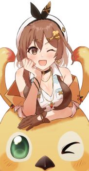 1girl absurdres atelier_(series) atelier_ryza atelier_ryza_3 beak beret bracelet braid breasts brown_eyes brown_gloves brown_hair brown_vest character_request choker cleavage clover_hair_ornament colored_skin commentary_request crown_braid earrings floating_earrings gloves green_eyes hair_ornament hat head_rest highres jewelry kaninoko large_breasts leather leather_gloves multiple_bracelets necklace one_eye_closed orange_skin reisalin_stout short_hair single_glove smile star_(symbol) star_choker star_earrings star_necklace vest white_hat x_hair_ornament