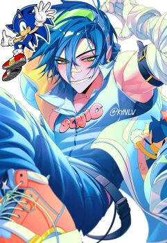 Rule 34 | 1boy, absurdres, bandaid, bandaid on face, bandaid on nose, belt, blue hair, blue pants, blue shirt, gloves, green eyes, highres, humanization, kynlv, male focus, pants, shirt, shoes, short hair, smile, sneakers, solo, sonic (series), sonic the hedgehog, white gloves