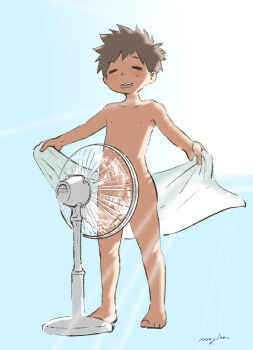 1boy blue_background brown_hair closed_eyes completely_nude electric_fan male_focus mog300n nude original short_hair shota solo