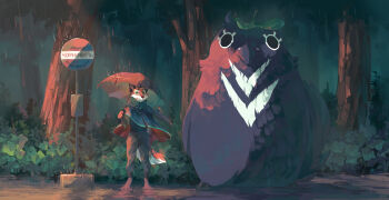 1boy 1other animal_ears bad_artstation_id bad_id barefoot bird black_pants black_shirt bus_stop bus_stop_sign capelet captainspacefox carrying cosplay forest fox_boy fox_ears fox_tail full_body furry furry_male green_capelet green_eyes green_scarf highres holding holding_umbrella looking_to_the_side male_focus multiple_girls nature original pants piggyback rain red_umbrella scarf shirt sleeveless standing tail tonari_no_totoro totoro totoro_(cosplay) totoro_bus_stop ukrainian_text umbrella