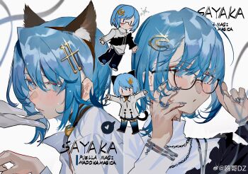 1girl :o absurdres alternate_costume animal_collar animal_ear_fluff animal_ear_hairband animal_ears arms_up bell bespectacled black-framed_eyewear black_collar black_eyes black_footwear black_hairband black_jacket black_pants black_thighhighs blue_eyes blue_hair blue_nails blue_ribbon blue_thighhighs bracelet buttons cat_ear_hairband cat_ears cat_tail chain chain_necklace character_name chibi chinese_commentary closed_mouth coat collar collared_coat commentary_request copyright_name diamond-shaped_pupils diamond_(shape) eyelashes fake_animal_ears fake_tail fortissimo frilled_jacket frills glasses gloves gradient_thighhighs grey_pupils hair_between_eyes hair_ornament hairband hairclip hand_on_another&#039;s_chin hands_on_eyewear heart highres jacket jacket_partially_removed jewelry lips long_sleeves looking_at_viewer mahou_shoujo_madoka_magica mahou_shoujo_madoka_magica_(anime) miki_sayaka miki_sayaka_(magical_girl) multiple_bracelets multiple_rings multiple_views musical_note musical_note_hair_ornament nail_polish neck_bell necklace nervous no_mouth ouge_dz pants parted_lips paw_pose pink_lips ribbon ring shirt shoes short_hair sneakers solid_oval_eyes spoken_heart sweat symbol-shaped_pupils tail thighhighs turtleneck turtleneck_shirt upper_body watermark weibo_watermark white_background white_coat white_footwear white_gloves white_shirt