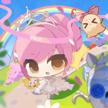 &gt;_&lt; 1girl ^_^ animal bare_arms bare_shoulders blue_flower blue_sky bow bowtie brown_eyes cat character_name chibi cloak closed_eyes clothed_animal coattails collar commentary_request day detached_collar dot_nose dress ear_covers esseling_(infinity_nikki) eyelashes eyes_visible_through_hair floral_print flower frilled_sleeves frills hair_bun holding holding_sword holding_weapon hood hood_up hooded_cloak hydrangea infinity_nikki large_bow light_blush looking_at_viewer medium_dress medium_skirt melody_bloom_(infinity_nikki) momo_(nikki) nikki_(nikki) nikki_(series) off-shoulder_dress off_shoulder open_mouth outdoors petals piecey pink_bow pink_hair pink_ribbon pleated_dress pleated_skirt purple_flower rainbow red_bow red_bowtie ribbon sad_sack_(infinity_nikki) shadow shoes short_hair_with_long_locks short_sleeves sidelocks single_hair_bun skirt skirt_under_dress sky smile suibian75776 sword tareme tiara traditional_bowtie weapon whiskers white_cat white_collar white_dress white_shoes white_skirt yellow_cloak