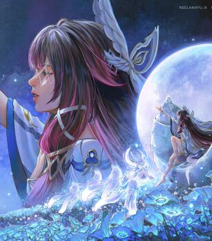 1girl arm_up artist_name barefoot black_hair blue_flower closed_eyes columbina_(genshin_impact) dress eye_mask field flower flower_field from_side full_moon genshin_impact hair_ornament highres huge_moon long_hair mask missing_commentary moon multicolored_hair neelamayu_n night parted_lips pink_hair profile sitting sky streaked_hair two-tone_hair upper_body white_dress white_mask wing_hair_ornament