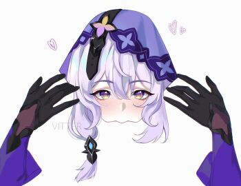 Rule 34 | 2girls, artist name, black gloves, black swan (honkai: star rail), blush, commentary, cunnilingus, female pov, gloves, heart, highres, honkai: star rail, honkai (series), long hair, looking at viewer, meme, multiple girls, negative space cunnilingus (meme), oral, pov, purple eyes, purple hair, simple background, veil, vitter, white background, yuri