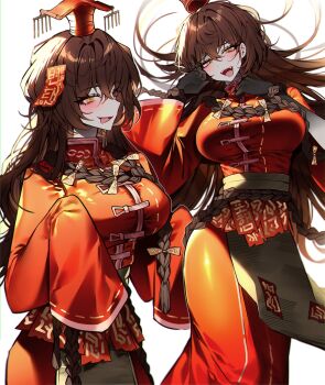 1girl absurdres apron blush braid brown_apron brown_hair cherry_oux fangs genderswap genderswap_(mtf) highres jacket limbus_company multiple_braids ofuda ofuda_on_head open_mouth project_moon red_jacket ribbon simple_background slit_pupils smile tongue tongue_out white_background xue_pan_(project_moon) yellow_eyes yellow_ribbon