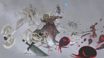 1boy adventurequest adventurequest_worlds arrow_(projectile) artix_entertainment axe belt_pouch bone boots cloak fake_horns green_eyes grey_background helmet highres holding holding_sword holding_weapon horned_helmet horns long_hair monster necromancer pouch purple_cloak red_eyes ribs shield shoulder_pads skeleton sword turban weapon white_hair