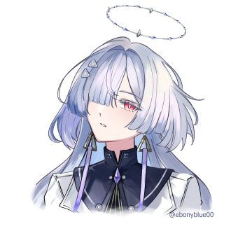 1girl absurdres colored_eyelashes commentary cropped_shoulders earrings ebonyblue00 english_commentary grey_hair halo highres jewelry long_hair looking_at_viewer mornye_(wuthering_waves) parted_lips red_eyes red_pupils simple_background solo triangle_earrings twitter_username white_background wuthering_waves