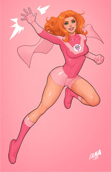 Rule 34 | 1girl, atom eve, boots, david nakayama, gloves, green eyes, highres, invincible (series), long hair, looking at viewer, orange hair, pink background, pink boots, pink gloves, pink shirt, pink shorts, shirt, short shorts, shorts, solo, superhero costume