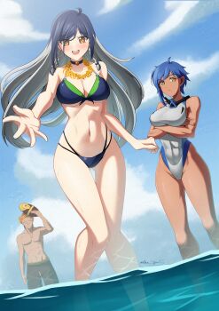1boy 2girls absurdres bikini bionicle black_shorts blue_bikini blue_choker blue_hair blush braid braided_sidelocks breasts brown_eyes burns5 choker cleavage cloud commentary covered_abs crossed_arms dark-skinned_female dark-skinned_male dark_skin english_commentary floating_hair flower flower_necklace frisbee frown gali_(bionicle) grey_one-piece_swimsuit groin hahli_(bionicle) hair_behind_ear highres holding humanization jaller_(bionicle) jewelry long_hair looking_at_viewer medium_breasts multi-strapped_bikini_bottom multiple_girls necklace one-piece_swimsuit orange_eyes orange_hair outstretched_arm short_hair shorts sky smile swimsuit the_lego_group topless_male very_long_hair water