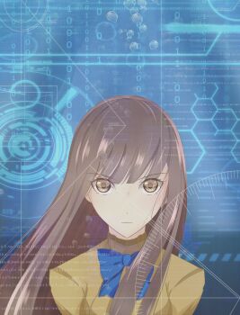 Rule 34 | 1girl, binary, blue background, blue bow, blue bowtie, bow, bowtie, brown eyes, brown hair, bubble, collared shirt, determined, fate/extra, fate (series), hair between eyes, highres, kishinami hakuno (female), long hair, long sleeves, portrait, school uniform, shirt, solo, tsukumihara academy uniform (fate/extra), vitamin bunny, yellow shirt
