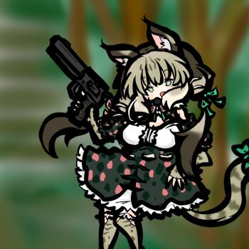 1girl animal_ears breasts cat_ears cat_girl cat_tail cleavage elbow_gloves extra_ears fingerless_gloves gloves green_eyes grey_hair gun holding holding_gun holding_weapon jungle_cat_(kemono_friends) kemono_friends kemono_friends_v_project large_breasts long_hair looking_at_viewer microphone ribbon shirt simple_background skirt solo tail tanuki_kamen thighhighs twintails virtual_youtuber weapon