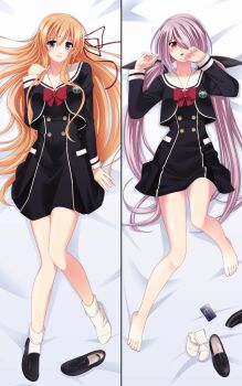 2girls :o bare_legs barefoot bed_sheet black_bow blush bow breasts chaos;child chest_bow cleavage commentary_request cropped_jacket dakimakura_(medium) eibon embarrassed fingernails full_body hair_between_eyes hair_bow hair_over_one_eye hair_ribbon hand_in_own_hair hand_over_face hekiho_academy_school_uniform kurusu_nono large_breasts legs loafers long_hair looking_at_viewer lying minamisawa_senri multiple_girls multiple_hair_bows on_back open_mouth orange_hair pink_hair purple_eyes red_bow red_ribbon ribbon sailor_collar sailor_shirt school_emblem school_uniform science_adventure shiny_lips shirt shoes single_shoe small_breasts smile socks thick_thighs thighs toenails toes tongue twintails unworn_shoes unworn_socks very_long_hair white_sailor_collar white_socks white_trim