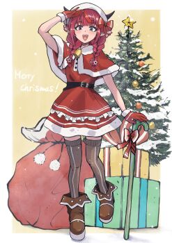 1girl absurdres black_horns blue_eyes border braid capelet christmas christmas_tree dress full_body gloves hat heterochromia highres hololive hololive_english horns irys_(hololive) ld_(luna_dial398) medium_hair multicolored_hair pointy_ears purple_eyes purple_hair red_capelet red_dress red_gloves red_hair santa_hat side_braids solo streaked_hair two-tone_hair virtual_youtuber white_border yellow_background