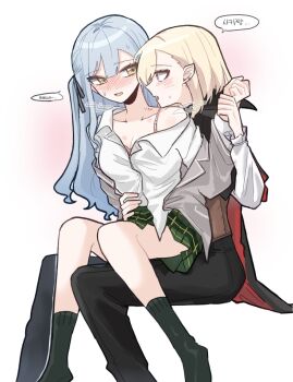 2girls at_09098 bang_dream! bang_dream!_it&#039;s_mygo!!!!! bite_mark black_cape black_socks blonde_hair blue_hair blush bra_strap breasts cape cleavage commentary_request dress_shirt ear_piercing green_skirt grey_jacket hair_ribbon haneoka_school_uniform hickey highres invisible_chair jacket korean_commentary korean_text long_hair medium_breasts misumi_uika multiple_girls no_shoes open_clothes open_jacket open_mouth piercing pleated_skirt pointy_ears purple_eyes ribbon school_uniform shirt sidelocks sitting sitting_on_lap sitting_on_person skirt socks sweat togawa_sakiko translation_request vampire white_shirt yuri
