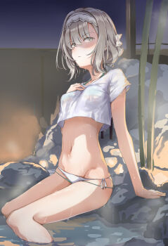 1girl bikini bikini_bottom_only breasts cropped_shirt gakuen_idolmaster grey_eyes grey_hair hand_on_own_chest highres hiwatari_kanae idolmaster maid maid_headdress navel on_ground on_rock onsen shirt short_hair short_sleeves shuiro_(frog-16) sitting small_breasts solo swimsuit white_bikini white_shirt