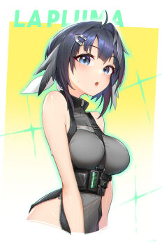 1girl absurdres arknights black_dress black_hair blue_eyes breasts character_name chinese_commentary commentary_request dress feather_hair hair_ornament hairclip highres la_pluma_(arknights) large_breasts looking_at_viewer lunn open_mouth short_hair sleeveless sleeveless_dress solo variant_set