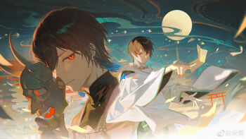 2boys absurdres architecture ayn_alwyn ayn_alwyn_(oneiric_heian-kyo) between_fingers bird black_hair black_shirt chinese_commentary cloud commentary_request cowboy_shot dual_persona earrings east_asian_architecture egasumi flower_knot flying_paper full_moon glowing glowing_eye green_sky hair_between_eyes hand_up highres holding holding_mask japanese_clothes jewelry kariginu long_sleeves looking_at_viewer lovebrush_chronicles male_focus mask moon multiple_boys noland official_alternate_costume oni_mask outstretched_arm paper pine_tree portrait red_eyes robe serious shirt short_hair sideways_glance sky slit_pupils smile standing swallow_(bird) talisman tassel tassel_earrings torii tower tree turtleneck turtleneck_shirt unworn_mask v-shaped_eyebrows watermark weibo_watermark white_robe wide_sleeves