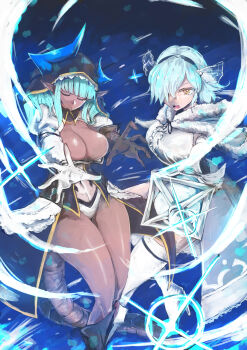 2girls asymmetrical_horns bloody_girl blue_background blue_hair blue_horns blunt_bangs breasts brown_gloves cleavage closed_eyes coat commentary_request dark-skinned_female dark_skin freezer_(pixiv_fantasia_last_saga) glint gloves hair_over_one_eye highres holding holding_wand hood hood_down horns large_breasts magic magna_elixiel multiple_girls pixiv_fantasia pixiv_fantasia_last_saga pointy_ears short_hair sparkle tail thighhighs wand white_gloves white_thighhighs yellow_eyes