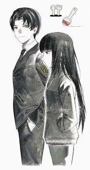 1boy 1girl absurdres asdf1211950 black_hair black_pants black_suit black_track_suit blunt_bangs buttons fork formal_clothes hands_in_pockets highres hime_cut jacket limbus_company long_hair looking_ahead looking_at_another necktie pants project_moon red_eyes rien_(project_moon) ryoshu_(project_moon) smile spoon spork string string_of_fate suit track_jacket track_suit yellow_eyes