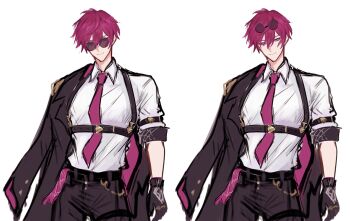 1boy black_gloves black_jacket black_pants closed_mouth collared_shirt commentary_request cowboy_shot genderswap genderswap_(ftm) gloves highres honkai:_star_rail honkai_(series) jacket jacket_on_shoulders jhenny345 kafka_(honkai:_star_rail) looking_at_viewer male_focus multiple_views necktie pants purple_eyes purple_hair purple_necktie round_eyewear shirt short_hair short_sleeves simple_background single_off_shoulder smile spanish_commentary sunglasses white_background white_shirt