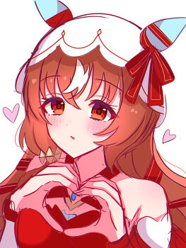1girl animal_ears blush breasts brown_hair commentary_request detached_sleeves hair_between_eyes hair_ornament heart heart_hands highres horse_ears horse_girl long_hair looking_at_viewer open_mouth portrait red_eyes shiroiro_obake small_breasts solo still_in_love_(scarlet_vow_raiment)_(umamusume) still_in_love_(umamusume) umamusume veil white_background