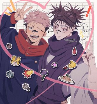 2boys arm_around_waist artist_name bandaid bandaid_on_face bandaid_on_nose black_hair black_jacket border choso_(jujutsu_kaisen) clenched_hand closed_mouth facial_mark flower food gears grid_background itadori_yuuji jacket jujutsu_kaisen male_focus multicolored_hair multiple_boys one_eye_closed open_mouth pale_skin parted_bangs pasta paw_print pink_hair purple_scarf purple_tunic scar scar_on_arm scar_on_face scar_on_forehead scarf shirt short_hair short_twintails smile snowflakes spiked_hair tiger ttnoooo tunic twintails twitter_username two-tone_hair upper_body v white_border white_shirt wide_sleeves yaoi