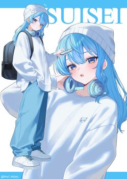 1girl absurdres alternate_costume asymmetrical_sidelocks backpack bag beanie blue_eyes blue_hair blue_pants cellphone character_name commentary double-parted_bangs full_body hair_between_eyes hand_in_pocket hat headphones headphones_around_neck highres holding holding_phone hololive hoshimachi_suisei long_hair long_sleeves looking_at_viewer mui_maru open_mouth pants phone shoes sidelocks smartphone sneakers solo star_(symbol) star_in_eye sweater symbol-only_commentary symbol_in_eye virtual_youtuber white_hat white_shoes white_sweater