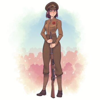 1girl absurdres blush breasts brown_hat brown_pants brown_shirt brown_shoes commentary english_commentary flower gradient_background green_eyes gun hat highres holding holding_gun holding_weapon leg_wrap looking_at_viewer original pants peaked_cap poppy_(flower) purple_hair red_flower ross_rifle shirt shoes short_hair solo weapon willy_pete world_war_i