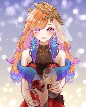 1girl 2girls bare_shoulders blue_hair blush commentary cup dress drinking_glass earrings english_commentary feather_earrings feathers highres holding holding_cup hololive hololive_english jewelry long_hair looking_at_viewer mask mask_on_head mori_calliope multicolored_hair multiple_girls nail_polish orange_hair orange_nails pov pov_hands purple_eyes red_dress red_nails sein_025 shadow smile solo_focus takanashi_kiara takanashi_kiara_(party_dress) two-tone_hair virtual_youtuber wavy_hair wine_glass