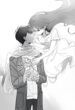 1boy 1girl absurdres antenna_hair bare_arms breasts chinese_commentary coat collarbone commentary_request cowboy_shot css021125 dress face-to-face fingernails floating_hair flower flower_pot greyscale hair_behind_ear hair_between_eyes halftone hand_on_another&#039;s_cheek hand_on_another&#039;s_face hero_(faraway)_(omori) hero_(omori) highres holding holding_flower_pot lapels lily_of_the_valley long_hair long_sleeves mari_(omori) mari_(spirit)_(omori) medium_dress monochrome omori open_clothes open_coat pants parted_lips pocket profile ribbed_sweater scarf short_hair short_sleeves simple_background small_breasts smile spoilers standing sweater turtleneck turtleneck_sweater very_long_hair very_short_hair white_background