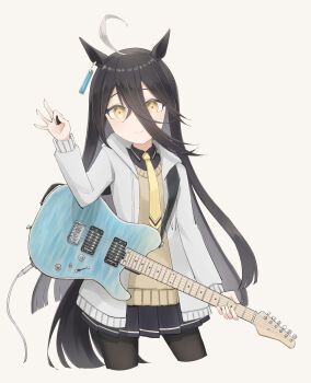 Rule 34 | 1girl, absurdres, ahoge, animal ears, black hair, black shirt, black skirt, closed mouth, collared shirt, commentary, ear tag, earrings, electric guitar, guitar, hair between eyes, highres, holding, holding guitar, holding instrument, holding plectrum, horse ears, horse girl, horse tail, instrument, jacket, jewelry, long bangs, long hair, long hair between eyes, long sleeves, looking at viewer, manhattan cafe (umamusume), multicolored hair, necktie, open clothes, open jacket, pleated skirt, plectrum, re1m1, shirt, simple background, single earring, skirt, smile, solo, sweater vest, symbol-only commentary, tail, umamusume, very long hair, white hair, white jacket, yellow eyes, yellow necktie, yellow sweater vest