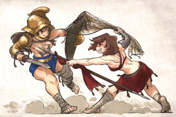 2girls armor asymmetrical_armor back bandaged_leg bandages barefoot belt brown_eyes brown_hair dust fighting frown gladiator_(centurii-chan) gladius helmet highres holding holding_polearm holding_weapon ironlily long_hair multiple_girls muscular muscular_female net original pauldrons polearm roman_empire sharp_teeth shield short_hair shoulder_armor single_pauldron skirt smile spear sword teeth toned toned_female topless_female trident weapon