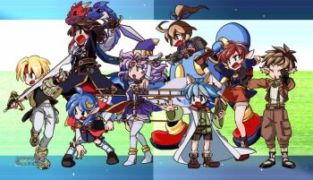 Rule 34 | 4boys, ahoge, ashton anchors, blonde hair, blue eyes, blue hair, brown hair, cape, celine jules, chisato madison, claude c. kenny, crescent, crescent hair ornament, dragon, full body, gloves, hair ornament, headband, holding, holding sword, holding weapon, jacket, leon geeste, long hair, multiple boys, multiple girls, noel chandler, open mouth, piu, playstation controller, pointy ears, ponytail, precis neumann, red cape, red headband, rena lanford, robot, short hair, skirt, star ocean, star ocean: the second story, sword, weapon